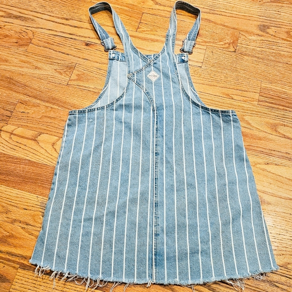 Pull & Bear Size L Denim Dress Overalls with Railroad Stripe Raw Hem Pockets - Picture 5 of 7